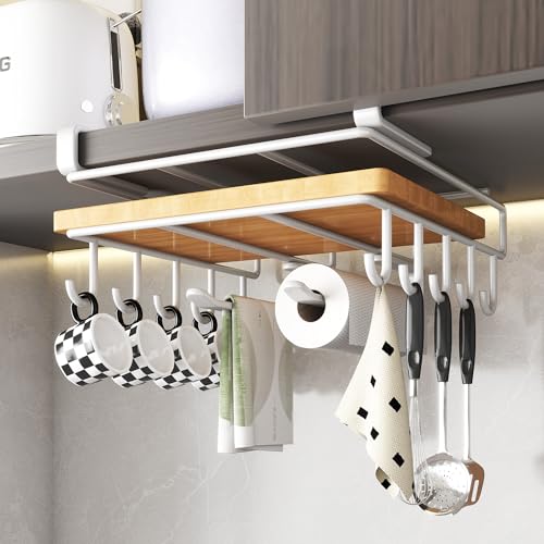 Mug Holder Under Cabinet,Paper Towel Holder for Cabinet,Chopping Board Organizer,No-Hole Multifunctional Stainless Steel Under Cabinet Hooks for Kitchen (White) - color: White