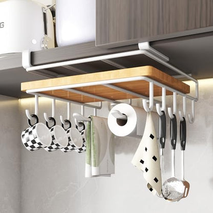 Mug Holder Under Cabinet,Paper Towel Holder for Cabinet,Chopping Board Organizer,No-Hole Multifunctional Stainless Steel Under Cabinet Hooks for Kitchen (White) - color: White