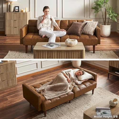 mopio 76.4" Futon Sofa Bed Tufted Styled, Sleeper Couch (Pecan Brown Faux Leather) - color: Aaron Pu, Pecan Brown