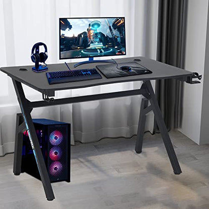 BestOffice | 47" Gaming Table | Blue | R-Shaped Computer Desk | with Steel Frame, Headphone Hook, Adjustable Feet | Carbon Fiber Texture| Easy to Clean | for Gaming, Home Office - color: Blue, size: 47 Inch R Shaped