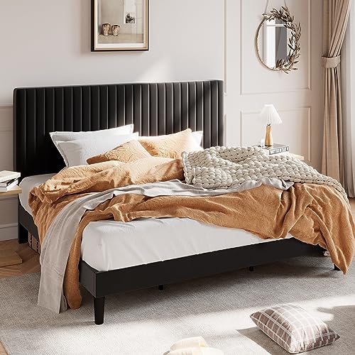 SHA CERLIN King Upholstered Platform Bed Frame with Adjustable Headboard/Vertical Channel Tufted Velvet Fabric/Wooden Slats Support/Mattress Foundation/Box Spring Optional/Black - color: Black, size: King