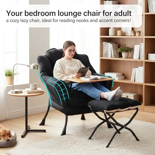 Lazy Chair with Ottoman, Velvet Reading Chair with Pillow， Black | Comfy Accent Lounge Chair with Pillow & folding Foot Stool, sturdy metal frame for bedroom, dorm or apartment, Living Room - color: Pure Black