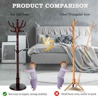 Coat Racks FreeStanding with 11 Hooks, Natural Wood Coat Rack with Solid Round Base, Adjustable Height Coat Racks, Easy Assembly for Hallway, Bedroom and Office (Walnut-Solid Round Base) - color: Walnut-Solid Round Base