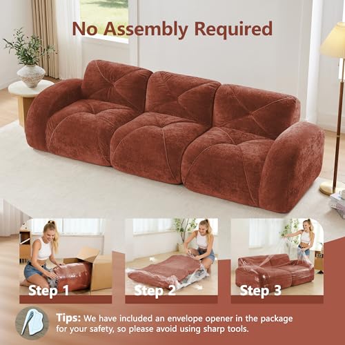 111" Velvet Modular Sofa Cama para Cuarto, Small Couches for Living Room with High Density Sponge, Cloud Loveseat with Tufted Design for Home Theater Study Space, Red+Brown - color: Red+brown