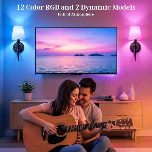 Battery Operated Wall Sconces Set of 2, Wireless Rechargeable Wall Lights with 12 RGB Colors and 3CCT Dimmable, Small Fabric LED Wall Lamps for Bedroom, Living Room, Hallway, Black - color: Black
