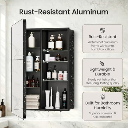 24x32 Black Medicine Cabinet with Mirror, Recessed & Surface Mount | Bathroom mirror with storage: 6 adjustable shelves fit tall bottles; DTC soft-close hinges; rust-resistant aluminum - size: 24" x 32"