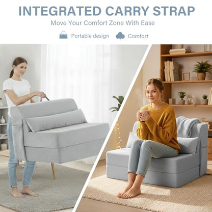 Convertible Folding Sofa Bed Mattress with Pillow & Side Pocket, Plush Fabric Floor Mattress Couch Bed, Washable Cover, Twin Size, White Gray - color: Plush White Gray, size: Twin Size