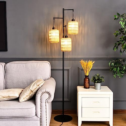 QIYIZM Floor Lamp for Living Room,Bedroom,3-Lights Boho Rattan Tree Floor Lights,Industrial Black Farmhouse Standing Lamp Wicker Rustic Tall Lamp,Woven Bamboo LampShade Floor Lamps Bohemian - size: 20-Floor Lamp