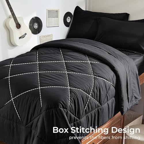 5-Piece Twin Comforter Set, Black | Reversible, All-Season, Soft, 5 Piece Set, All-Season Reversible Bed in a Bag, Flat Sheet, Fitted Sheet, Pillowcases - color: Black, size: Twin