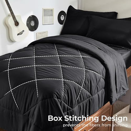 5-Piece Twin XL Comforter Set, Black | Reversible, All-Season, Soft, 5 Piece Set, All-Season Reversible Bed in a Bag, Flat Sheet, Fitted Sheet, Pillowcases - color: Black, size: Twin XL