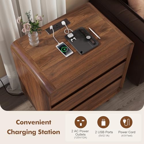 Nasonet 27.7'' Tall Night Stands Set of 2 with Charging Station, Mid-Century Modern Large Bedside Table with Outlets, Wide Wood End Table for Bedroom, Walnut - color: Walnut, size: 3 Drawers