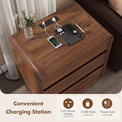Nasonet 27.7'' Tall Night Stands Set of 2 with Charging Station, Mid-Century Modern Large Bedside Table with Outlets, Wide Wood End Table for Bedroom, Walnut - color: Walnut, size: 3 Drawers