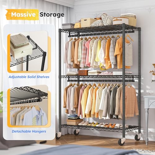 Raybee Clothes Rack, 45" W Clothing Racks for Hanging Clothes, Garment Rack with Wheels and Adjustable Feets, Max Load 440LBS, Black - color: Black