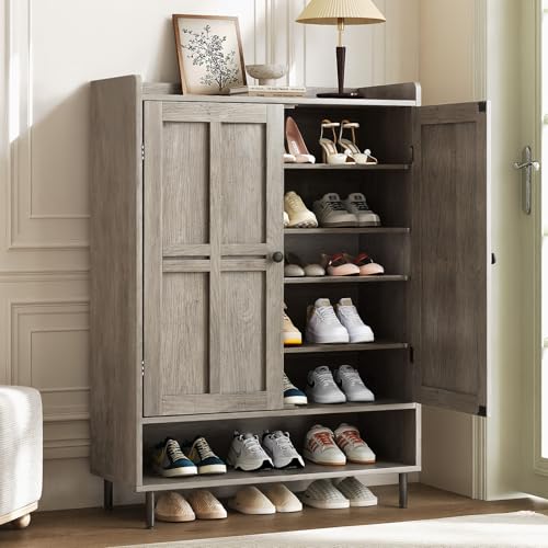 Shoe Cabinet with Cross Molding Doors, 6-Tier Storage, Grey | 45'' Tall Shoe Storage Organizer with 3 Adjustable Shelves & Metal Legs, Freestanding Wood Shoe Rack for Entryway, Front Door - color: Grey