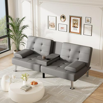 Furmax Leather Futon Sofa Bed, Adjustable Futon Couch for Living Room | Sleeper Sofa Bed with 2 Cup Holders, Reclining Futon Loveseat for Apartment, Business Office & Small Spaces | Gray - color: Grey