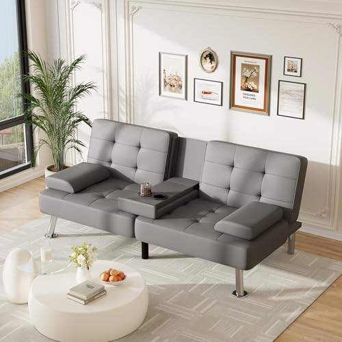 Furmax Leather Futon Sofa Bed, Adjustable Futon Couch for Living Room | Sleeper Sofa Bed with 2 Cup Holders, Reclining Futon Loveseat for Apartment, Business Office & Small Spaces | Gray - color: Grey