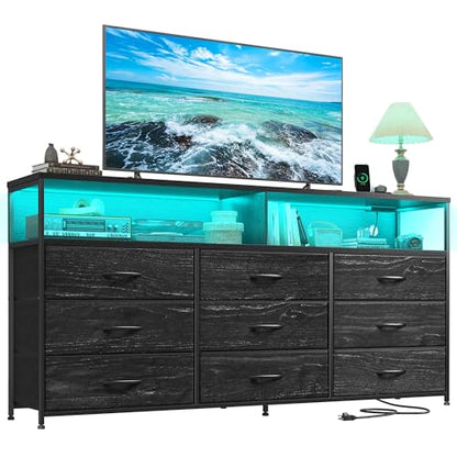 55" W Dresser for Bedroom with 9 Drawers LED, Power Outlets Fits 65" TV | TV Stand for 45, 55, 65 Inch TV Sturdy Long Chest of Drawers with Extra 2 Wooden Shelves Steel Frame Grain Black - color: Grain Black