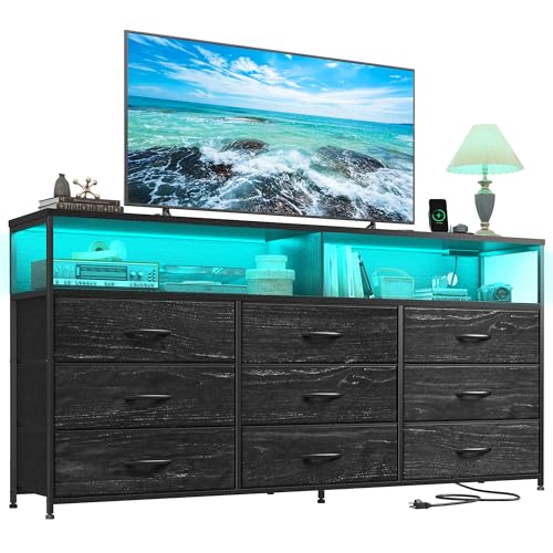 55" W Dresser for Bedroom with 9 Drawers LED, Power Outlets Fits 65" TV | TV Stand for 45, 55, 65 Inch TV Sturdy Long Chest of Drawers with Extra 2 Wooden Shelves Steel Frame Grain Black - color: Grain Black