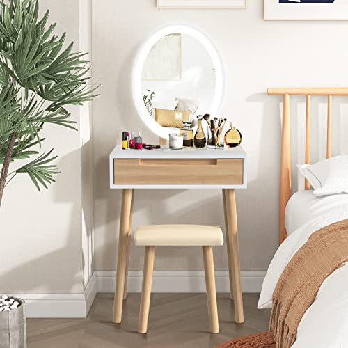 YOURLITE Makeup Vanity Table Set with 3 Modes Adjustable Lighted Mirror Cushioned Stool, Dressing Table for Small Space | 3 Lighting Modes, Adjustable Brightness, Cushioned Stool, Dressing Table, Compact Design, for Small Spaces - size: 24", style: Oval M