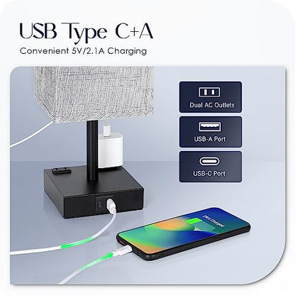 Bedside Table Lamps Set of 2 - Touch Nightstand Lamp for Bedroom with USB C+A Charging Ports & AC Outlets, 3-Way Dimmable Desk Lamp Grey Fabric Shade for Bedroom Living Room, Office(Bulb Included) - color: Gray