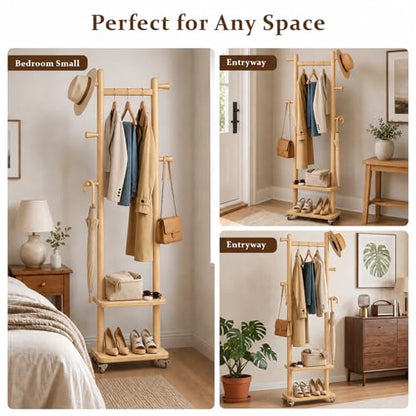 Small Clothes Rack Solid Wood Coat Rack Freestanding with Wheels | Space Saving, Stable 5 Hooks 2 Shelves Coat Tree, Silent 360 Degree Wheels, Heavy Duty 150 lb Capacity for Entryway Bedroom - color: Natural Wood, size: S: 15.7" x W: 11.8" x H: 70" (With
