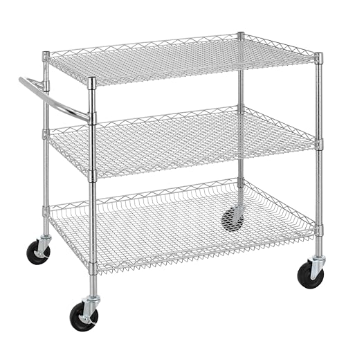 Finnhomy 3 Tier Heavy Duty Commercial Grade Utility Cart, Wire Rolling Cart with Handle Bar, Steel Service Cart with Wheels, Kitchen Carts on Wheels, Metal Cart Shelf Size 24" D x 36" W, NSF, Chrome - size: 36"L x 24"W x 35.4"H-3 Tier, style: Chrome Cart
