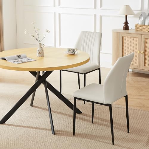 HIPIHOM 45.3'' Walnut Round Dining Table Set for 4, Mid Century Modern Small Coffee Set for Dining Room Kitchen Apartment (Cream Table + 4 White Chairs) - color: Cream Table+4 White Chairs