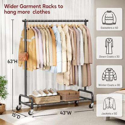 SLEEPING LAMB Heavy Duty Clothing Racks for Hanging Clothes Rack, 43" Wide Rolling Garment Rack Metal Clothing Hanger Rack with Wheels Wardrobe Rack for Coats, Shirts, Dress, (Black) - color: Black, style: Single Rod