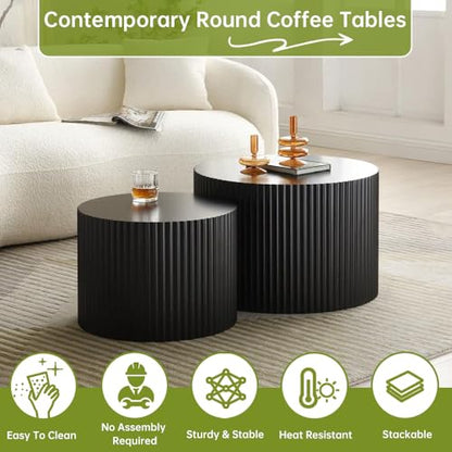 18 inch Round Black Fluted Nesting Coffee Table Set of 2, C Small | Spray Painting Finish, For Living Room, Mid-Century Modern Style, Nestable Design, Nested Side Table, For Small Spaces - color: C Small
