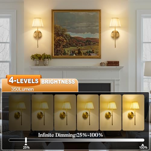 Battery Operated Wall Sconces with Dimmable Led Bulds and Remote | Gold Wireless Wall Lights Set of 2, Fabric Rechargeable 10000mAh Wall Mounted Lamp for Bedroom, Living Room, Hallway - color: Gold