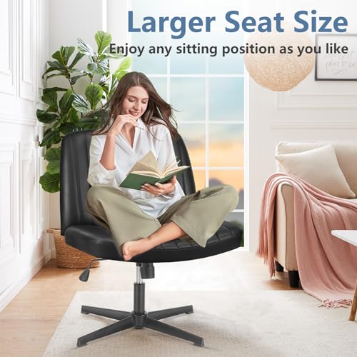 DUMOS Criss Cross Chair No Wheels, Wide Seat Cross Legged Office Desk Vanity Chair, Faux Leather Armless Height Adjustable Swivel Task Computer Chairs for Home, Study, Black PU - color: Black Pu