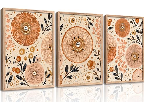 3Pcs Boho Floral Wall Art Orange and Beige Abstract Botanical Wall Decor Pictures Abstract Flower Print Canvas Posters for Living Room Bedroom Office Home Decoration (Framed) - color: Botanical Floral Framed, size: 16"L x 12"W