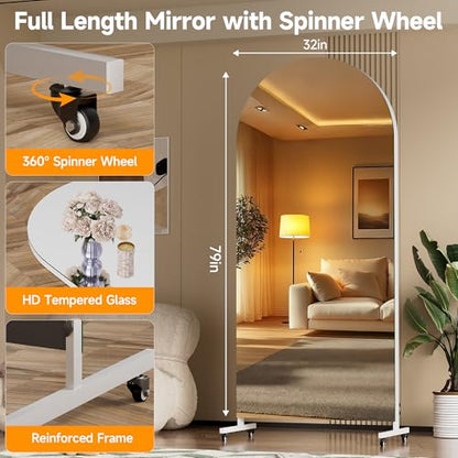 Hasipu 79" x 32" Arched Full Length Mirror on Wheels | HD tempered glass, sturdy aluminum frame, 4 smooth casters with locks, ideal for yoga, dance studio & home gym. - size: 79"L x 32"W