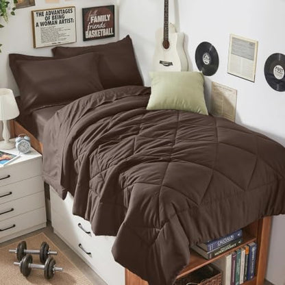 5-Piece Twin Comforter Set, Brown | Reversible, All-Season, Soft, 5 Piece Set, All-Season Reversible Bed in a Bag, Flat Sheet, Fitted Sheet, Pillowcases - color: Brown, size: Twin