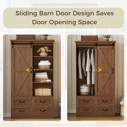IRONCK Armoire Wardrobe Closet with 4 Drawers,71" Wardrobe Cabinet with Sliding Barn Doors, Tall Clothing Storage Cabinet with Hanging Rod and Shelves for Bedroom,Walnut - color: Walnut