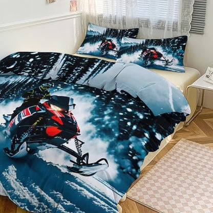 3 Piece Cool Snowmobile Bedding Set - Ultra Soft Fabric & Double-Sided Print, Breathable Comforter Set with 1 Quilt Cover & 2 Pillowcases for Home Hotel, 102"x90" - size: 102"x90"
