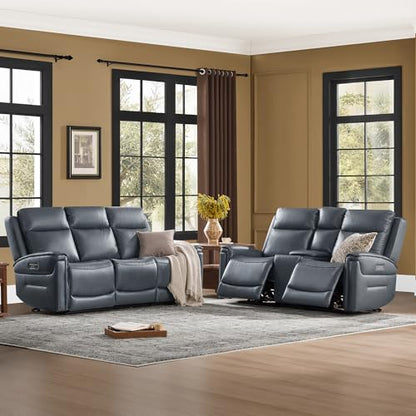 Watson & Whitely Recliner Sofa 3 Seat & Loveseat with Console, Blue | Genuine Leather, Super Zero Gravity Design, Power Headrest, Wireless Charger, Living Room Reclining Sectional Sofa Set - color: Blue, size: 5-Seat Sofa with Console