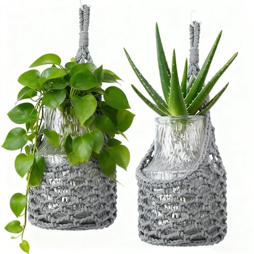 Macrame Wall Plant Hanger, Hanging Planter Basket Holder, Wall Planters for Indoor Plants, for Up to 6 Inch Pot (Grey, 6-Inch) - color: Gray, size: 6-Inch