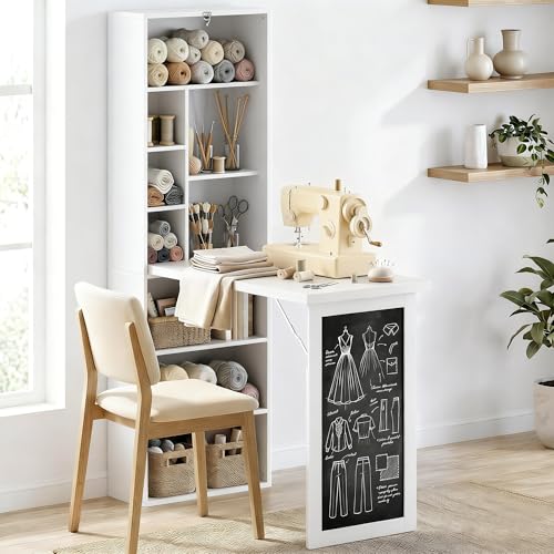 HOMCOM Foldable Convertible Writing Table Space-Saving Computer Desk White | Wall Mounted Design, Chalkboard, Storage Shelves, for Small Spaces, Home Office, Bedroom, Dorm, Apartment - color: White