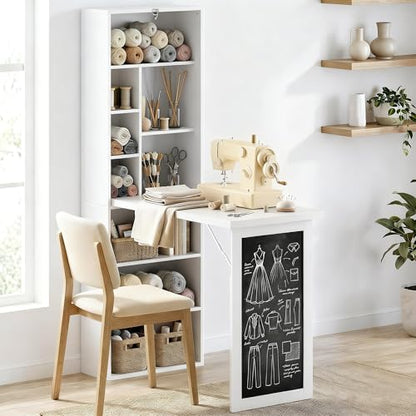 HOMCOM Foldable Convertible Writing Table Space-Saving Computer Desk White | Wall Mounted Design, Chalkboard, Storage Shelves, for Small Spaces, Home Office, Bedroom, Dorm, Apartment - color: White