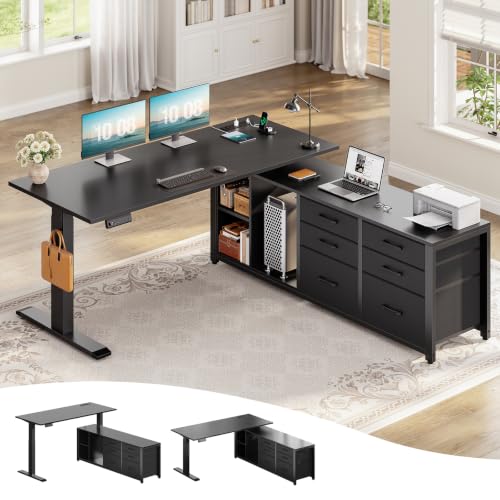 SEDETA L Shaped Electric Standing Desk with 6 Fabric Drawers, 55" x 55" Height Adjustable Office Executive Desk with Storage Shelves, Stand up Computer Desk with Power Outlet (Black) - color: Black