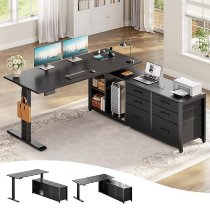 SEDETA L Shaped Electric Standing Desk with 6 Fabric Drawers, 55" x 55" Height Adjustable Office Executive Desk with Storage Shelves, Stand up Computer Desk with Power Outlet (Black) - color: Black
