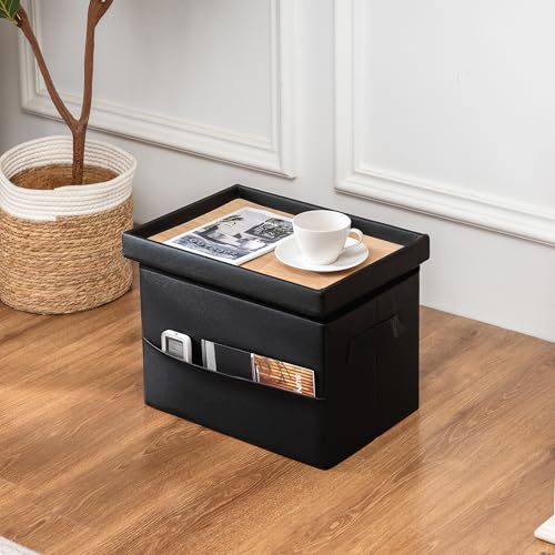 Small Storage Ottoman,Foldable Foot Stool with Reversible Tray Lid and Side Pocket,Leather Ottoman Foot Rest Stool with Padded Seat,for Living Room Bedroom,11.6x16.3x11.4 Inches,Black - color: Black-leather, size: 16" Wide