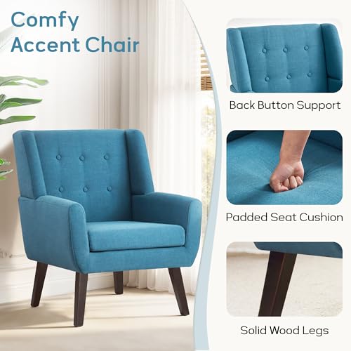 HUIMO Button-Tufted Accent Chairs,Upholstered Reading Living Room Chair,Mid Century Modern Chair with Linen Fabric, Club Chair,Comfy Arm Chairs for Living Room,Bedroom Lake Blue | Mid Century Modern Tufted Armchair with Fabric,Comfy Arm Chairs for Club Li