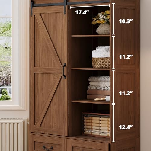 IRONCK Armoire Wardrobe Closet with 4 Drawers,71" Wardrobe Cabinet with Sliding Barn Doors, Tall Clothing Storage Cabinet with Hanging Rod and Shelves for Bedroom,Walnut - color: Walnut