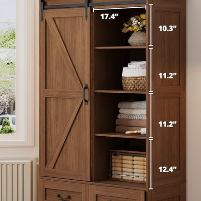 IRONCK Armoire Wardrobe Closet with 4 Drawers,71" Wardrobe Cabinet with Sliding Barn Doors, Tall Clothing Storage Cabinet with Hanging Rod and Shelves for Bedroom,Walnut - color: Walnut