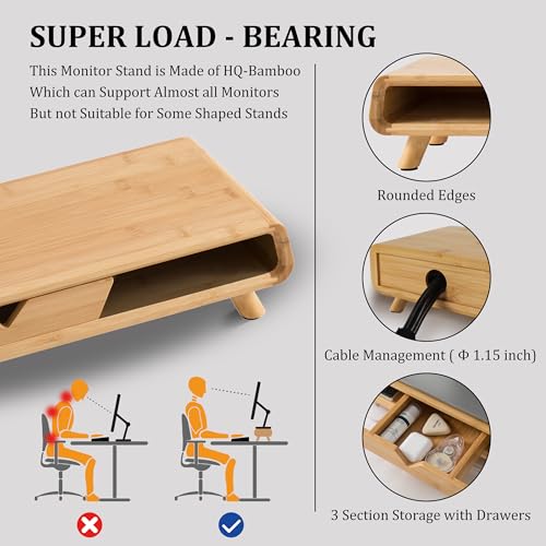 Homerays Bamboo Monitor Stand Riser, No Assembly Required Exquisite Monitor Stand with Drawer Ergonomic Height Wood Monitor Stand - color: BAMBOO