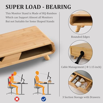 Homerays Bamboo Monitor Stand Riser, No Assembly Required Exquisite Monitor Stand with Drawer Ergonomic Height Wood Monitor Stand - color: BAMBOO