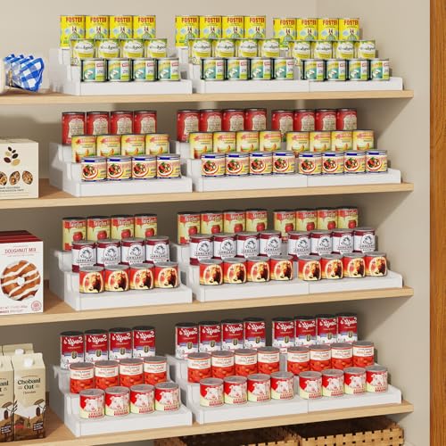 3-Tier Expandable Bamboo Can Organizer for Pantry, Holds 24 Cans, White | Adjustable Can Storage Rack for Kitchen Cabinets, Soda & Canned Goods Holder for Pantry Organization, White (Patent Pending) - color: White, size: 12.4"-24"W × 10.8"D × 4.5"H