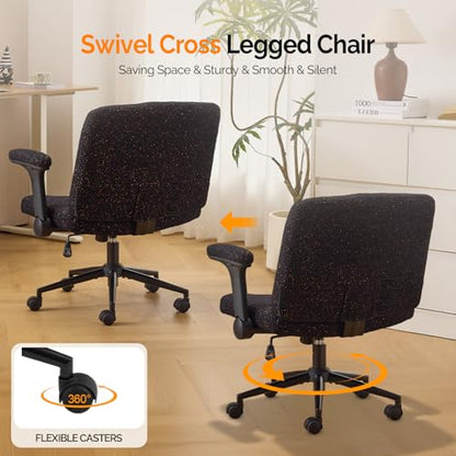 VINGLI Criss Cross Chair with Adjustable Flip-Up Arms,Cross Legged Chair with Wheels,Extra Wide Office Chair,Desk Chair for Home Office,Vanity,Bedroom, Apartment,Starry Chenille,Black - color: Black